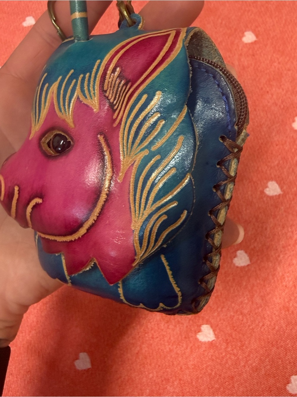 Hand made and embossed leather unicorn wristlet - Picture 4 of 17